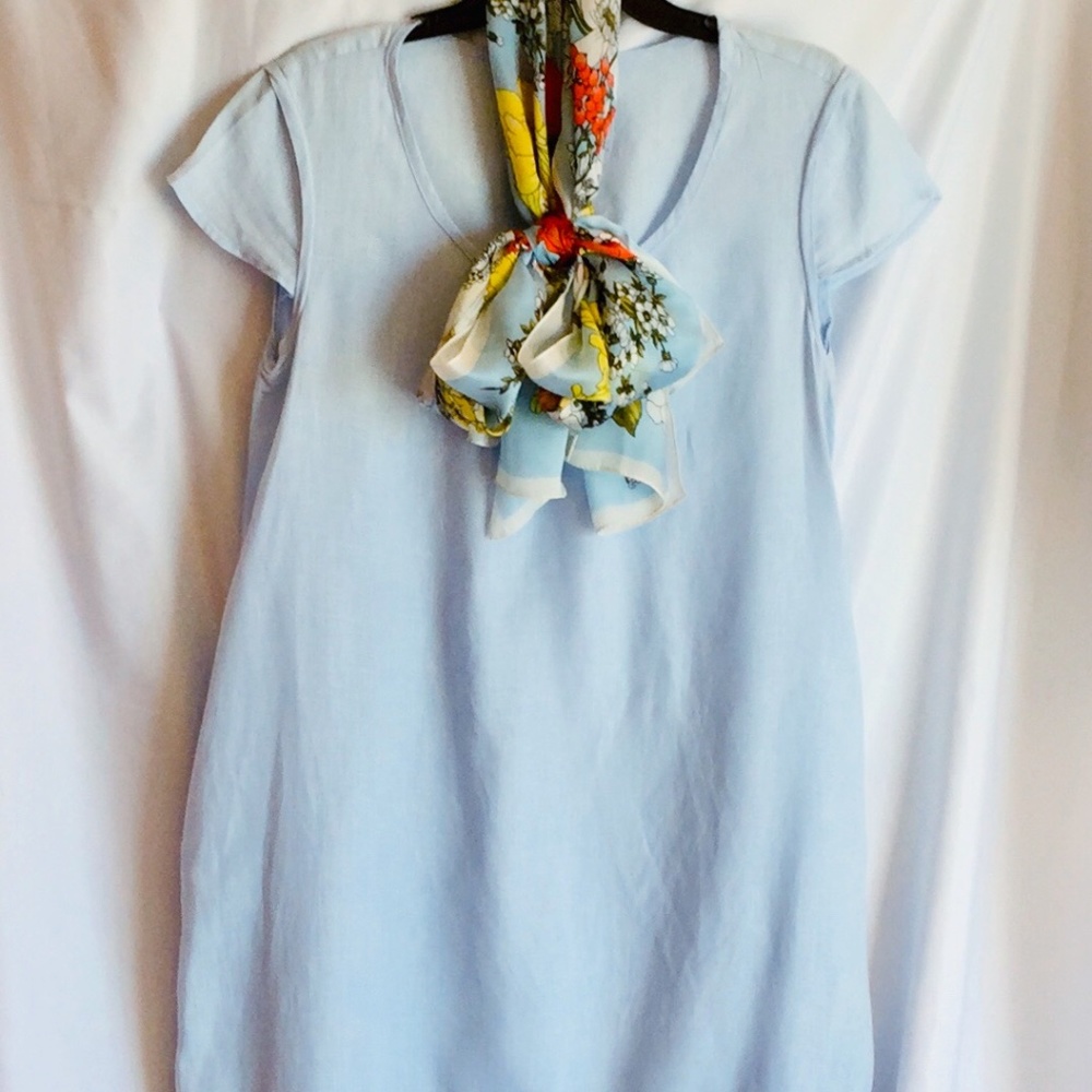 Malvin Blue Linen Dress w/Round Neck& Cuff Sleeves
